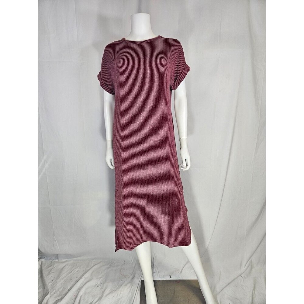 Entro Dark Wine Ribbed Short Sleeve Round Neck Side Slit Maxi Dress